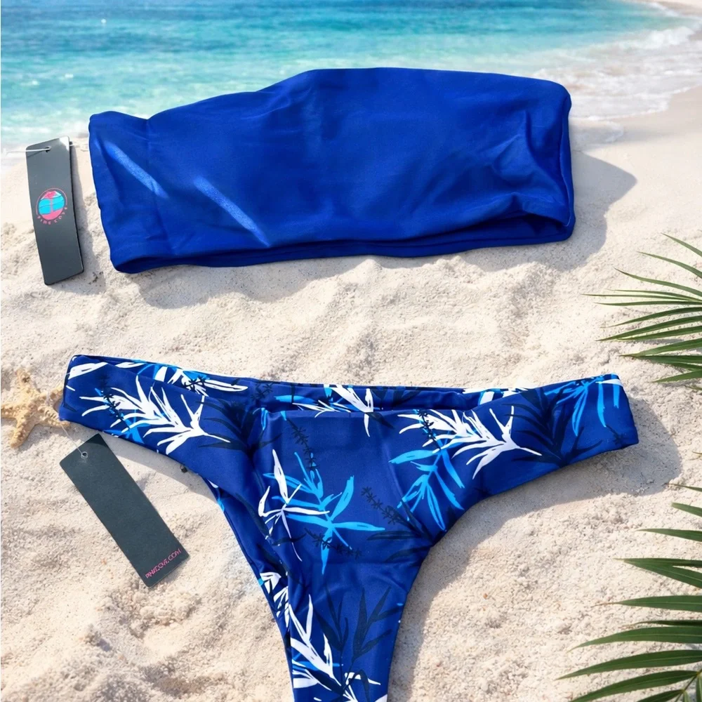Pink Cove Tropical Blue Bandeau Bikini Set - Solid Top & Printed Bottom Size S